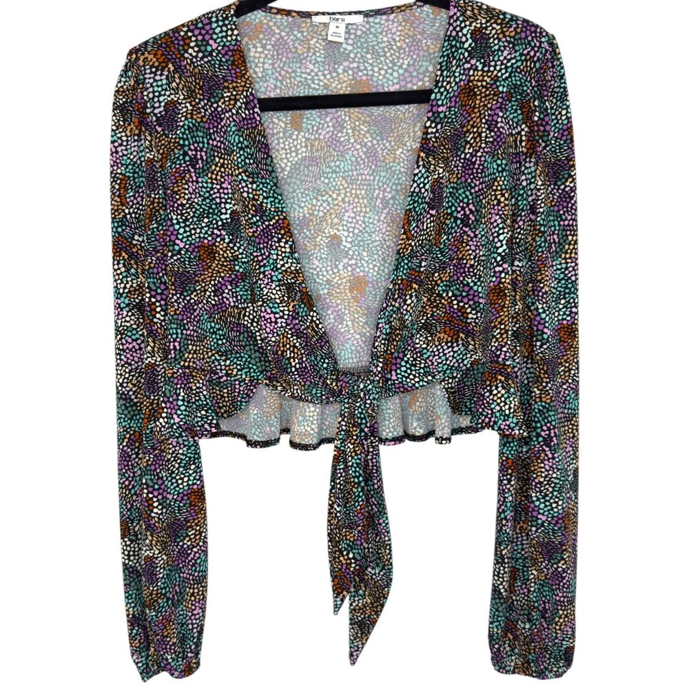 Bar III Black with multicolor drops tie front cropped cardigan Size Medium